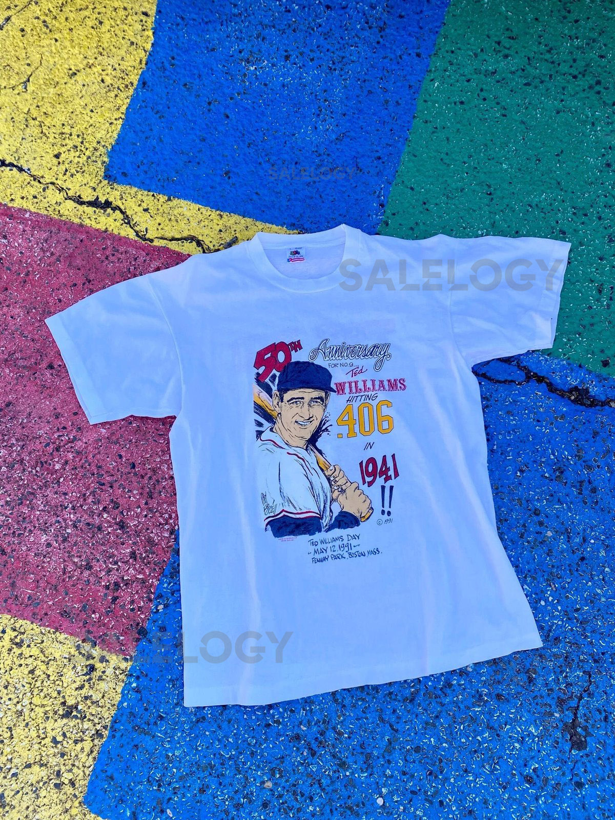 Vintage 1991 Ted William's Day Boston Red Sox MLB Baseball 90s Caricature Graphic Shirt USA SIze ML_595