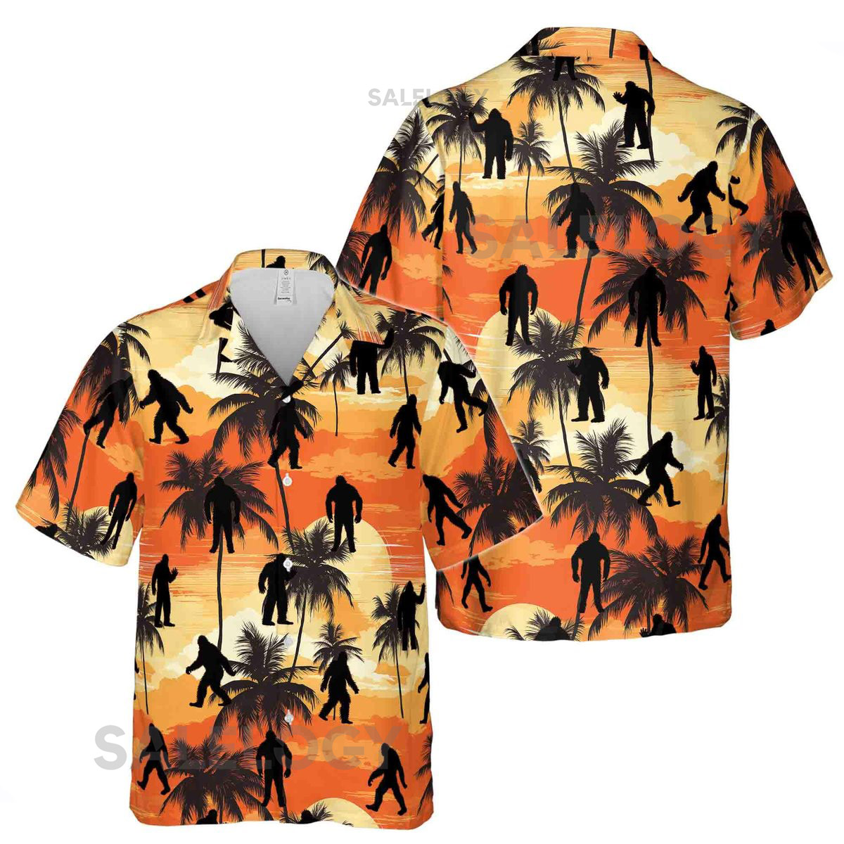 Colorful Bigfoot Sasquatch Coconut Tree Mountain Sunset Hawaiian Shirt S-5XL_6