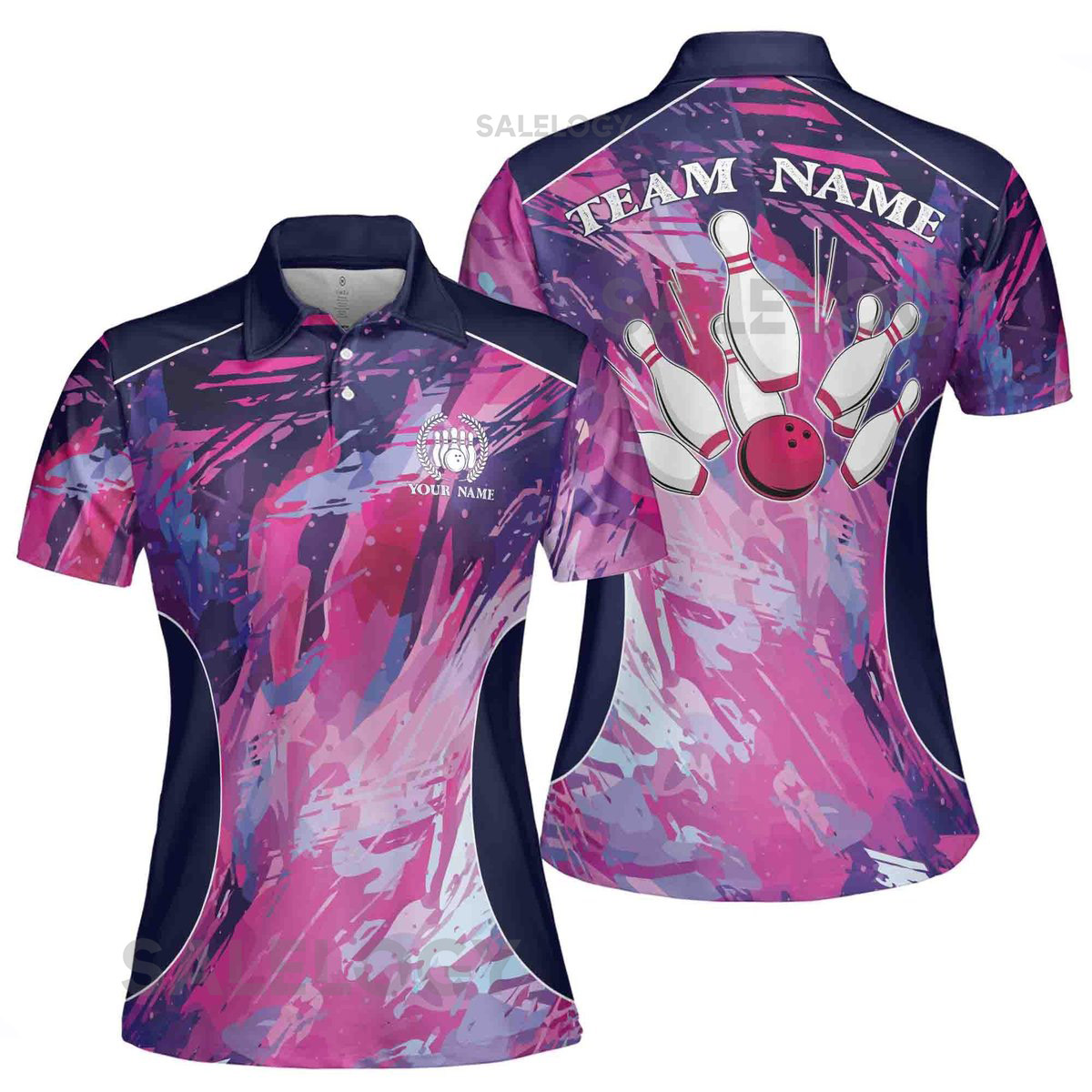 Custom Name Bowling Team Women39s Polo Shirt Colorful Splash Design_55