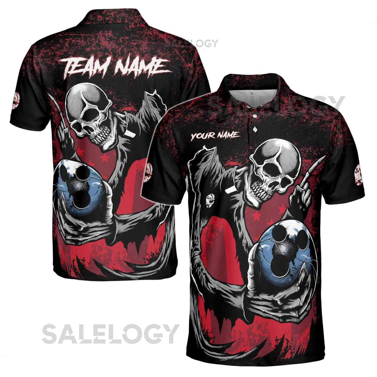 Custom Name Team Name Horrified Skull Bowling Ball Men39s Polo Shirt S-5XL_200