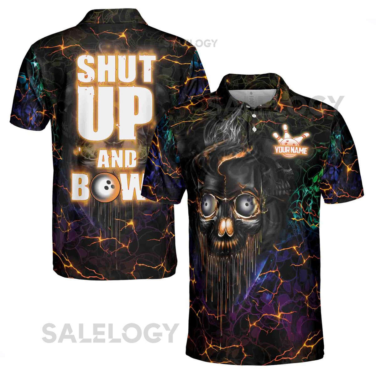 Custom Name Skull Bowling Polo Shirt Neon Lighting Skull Bowl Design_172