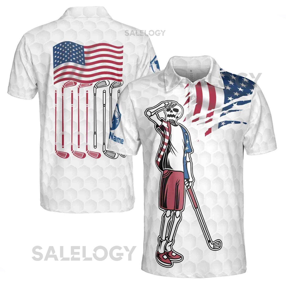 Custom Name Golf Men39s Polo Shirt Funny Skeleton American Flag Design_101
