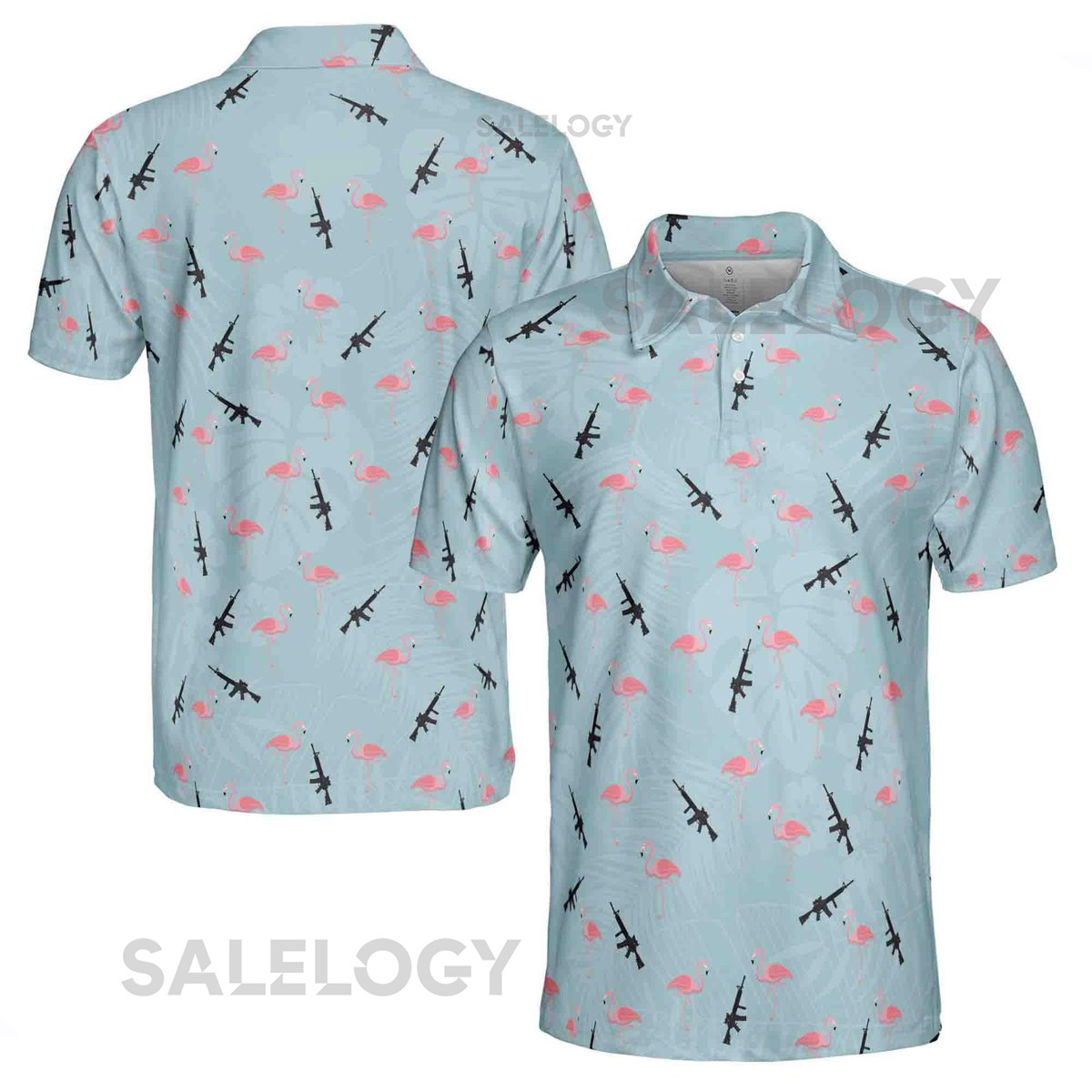 Funny Gun Pink Flamingo Floral Plants Golf Men's Polo Shirt S-5XL_500