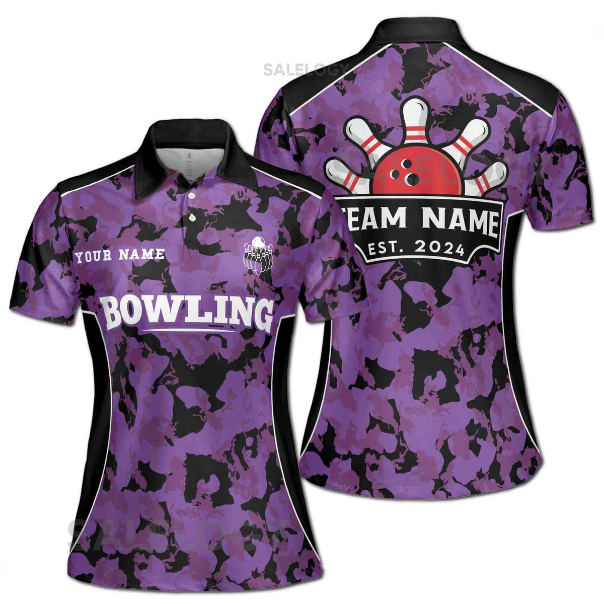 Customize Name Team Name Bowling Player Camo Purple Women39s Polo Shirt S-5XL_366