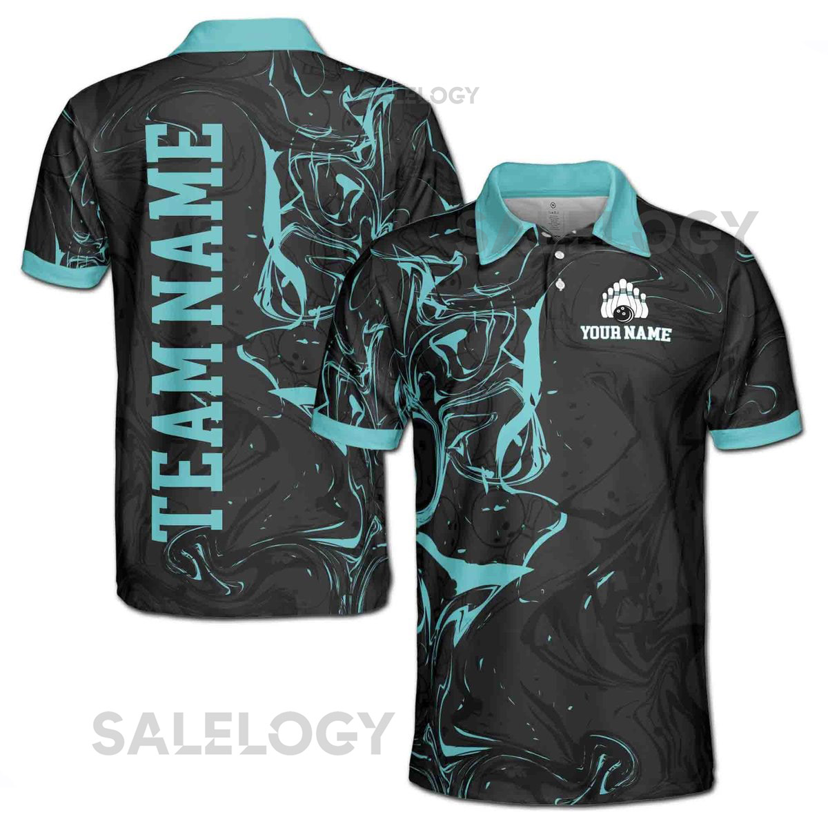 Custom Name Team Name Teal Marble Bowlling Ball Men39s Polo Shirt S-5XL_204