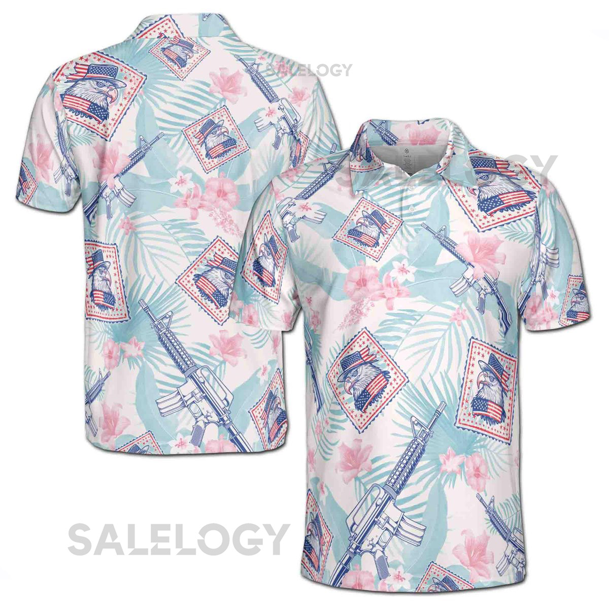 Floral American Flag Eagle Men's Polo Shirt Funny 4th Of July Patriotic Menswear_477