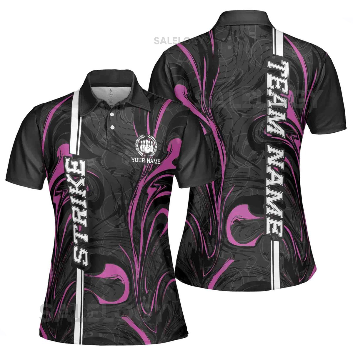 Custom Name Team Name Black Pink Marble Art Bowling Women39s Polo Shirt S-5XL_189
