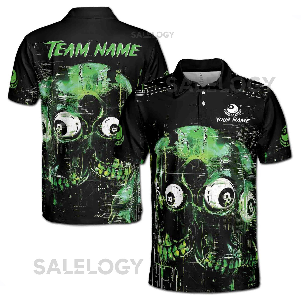 Custom Billiard Men39s Polo Shirt Green Skull 9 Ball Design_19
