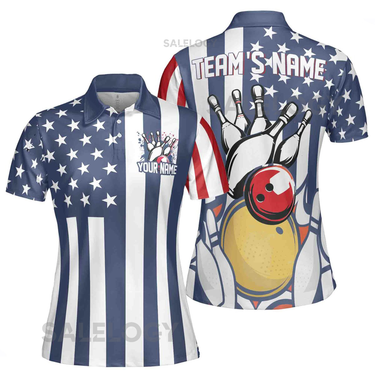 Custom Name Team Name Bowling Ball American Flag Women39s Polo Shirt S-5XL_190