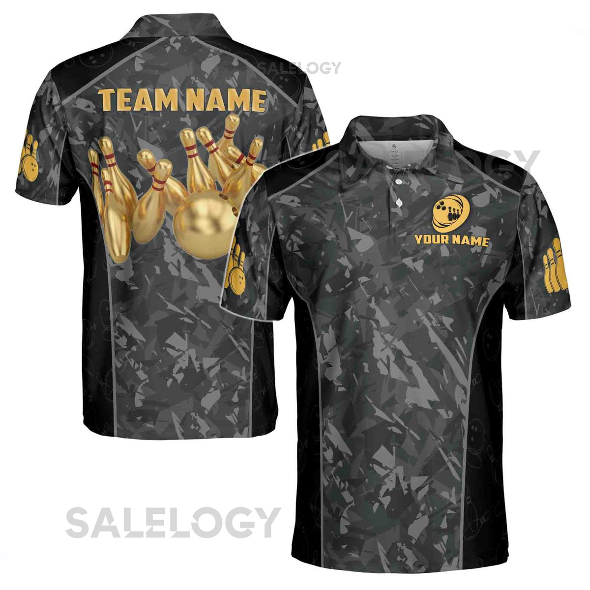 Custom Name Team Name Gold Bowling Ball In Dark Men39s Polo Shirt S-5XL_195