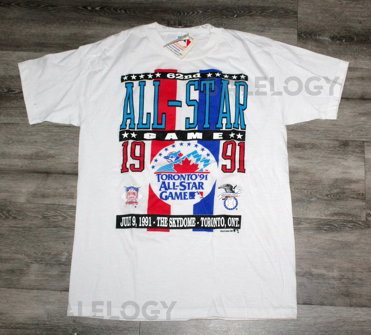 Vintage 80s 90s Clothing MLB Toronto Blue Jays Baseball 1991 All Star Game Canada Men Size Small Retro Logo Print NWT Short Sleeve T Shirt_414