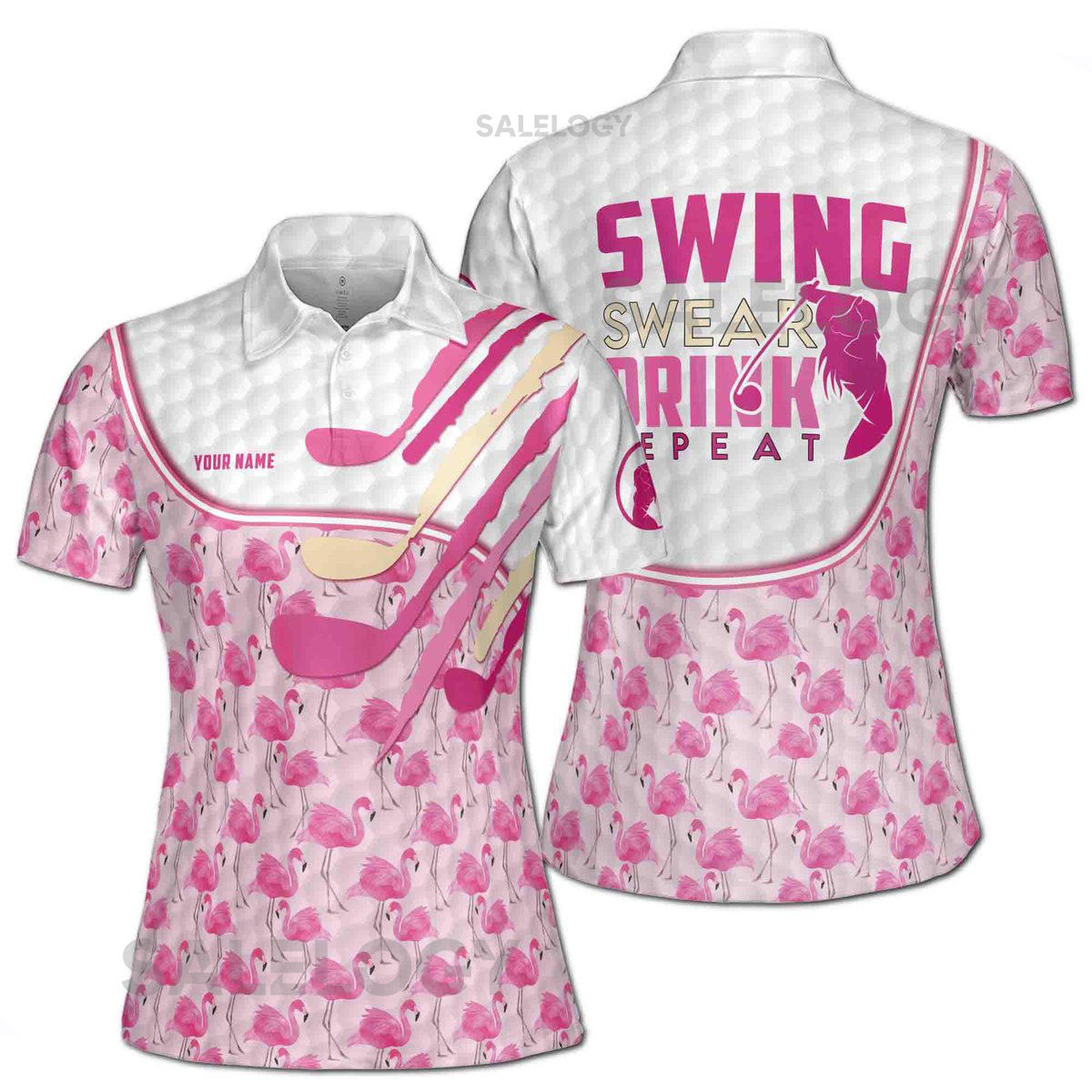 Custom Name Pink Flamingo Swing Swear Drink Repeat Golf Women39s Polo Shirt S-5XL_151