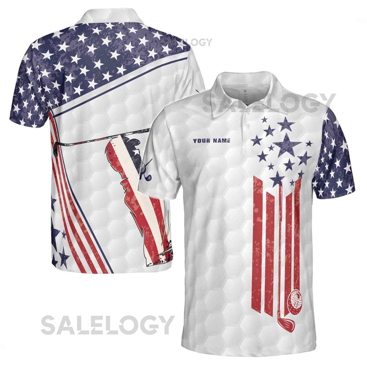 Custom Name American Retro Flag Golfer Silhouette Men39s Polo Shirt S-5XL_43