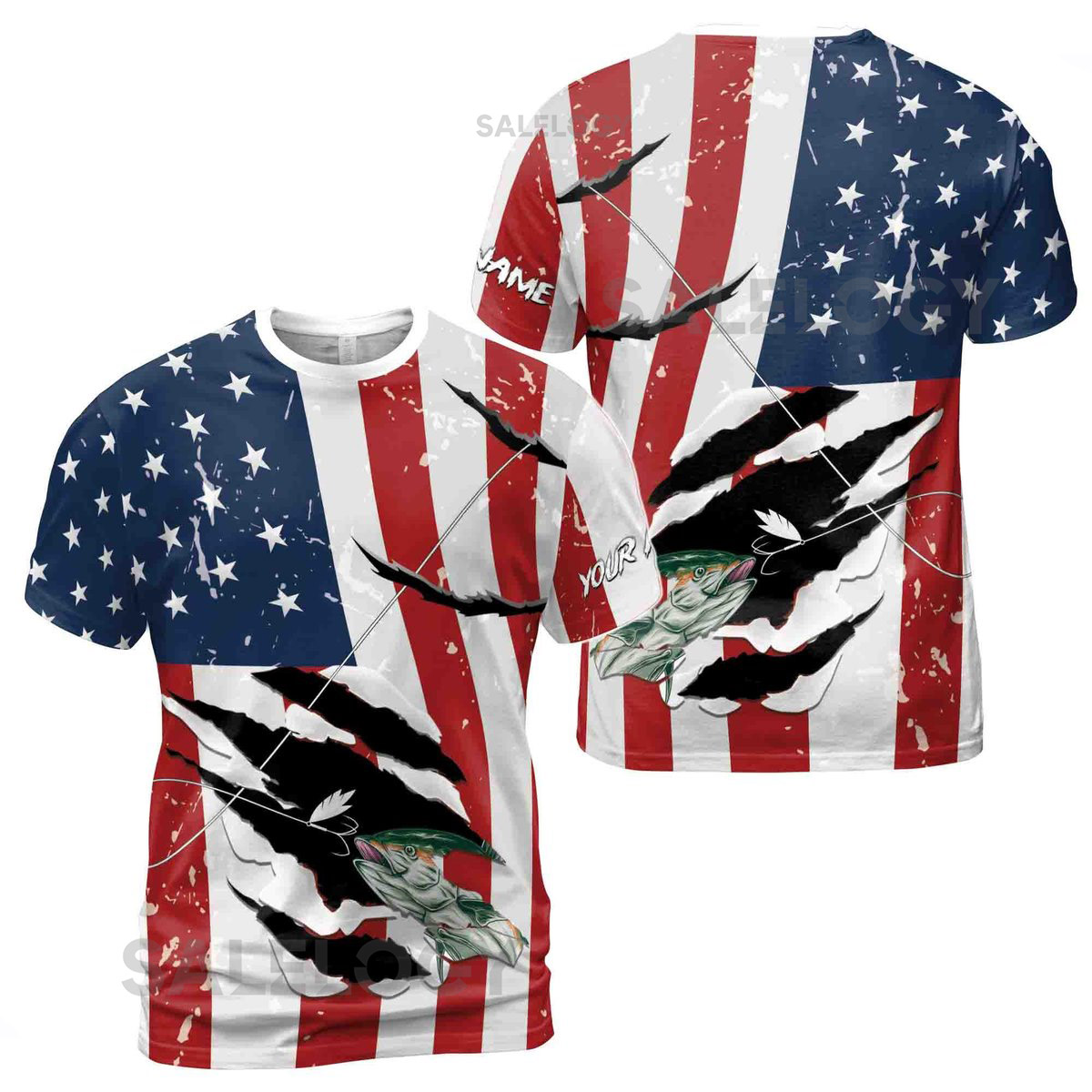 Custom Name Fishing Fish Hook Grunge American Flag Patriotic 3D T-Shirt S-5XL_43