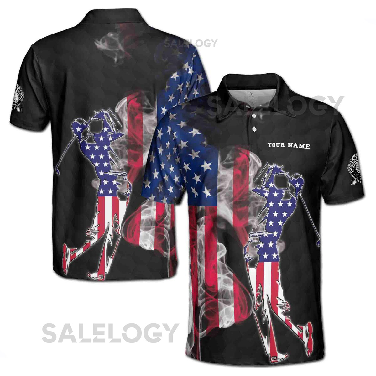 Custom Name American Smoke Flag Golfer Silhouette Men39s Polo Shirt S-5XL_44