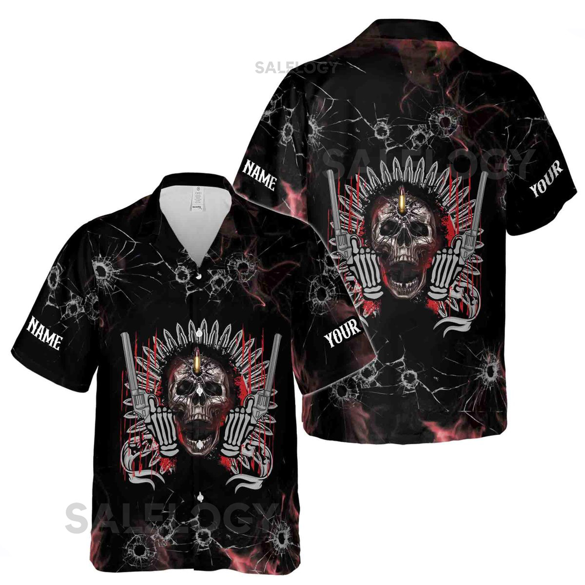 Customize Name Skull With Gun Bullet Holes Crack Pattern Black Hawaiian Shirt S-5XL_32