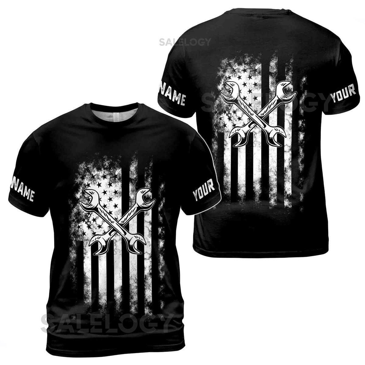 Customize Name Mechanic Tool American Grunge Flag 3D T-Shirt S-5XL_147
