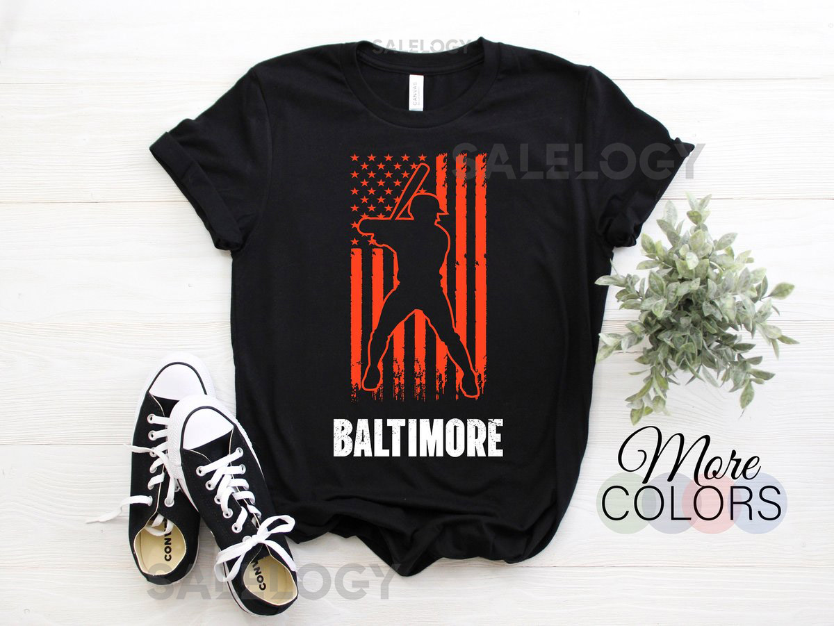 Baseball Player Baltimore City Maryland T-Shirt Gift For Baseball Game Sports Fans Coach Players Birthday Present American Flag TShirt_133