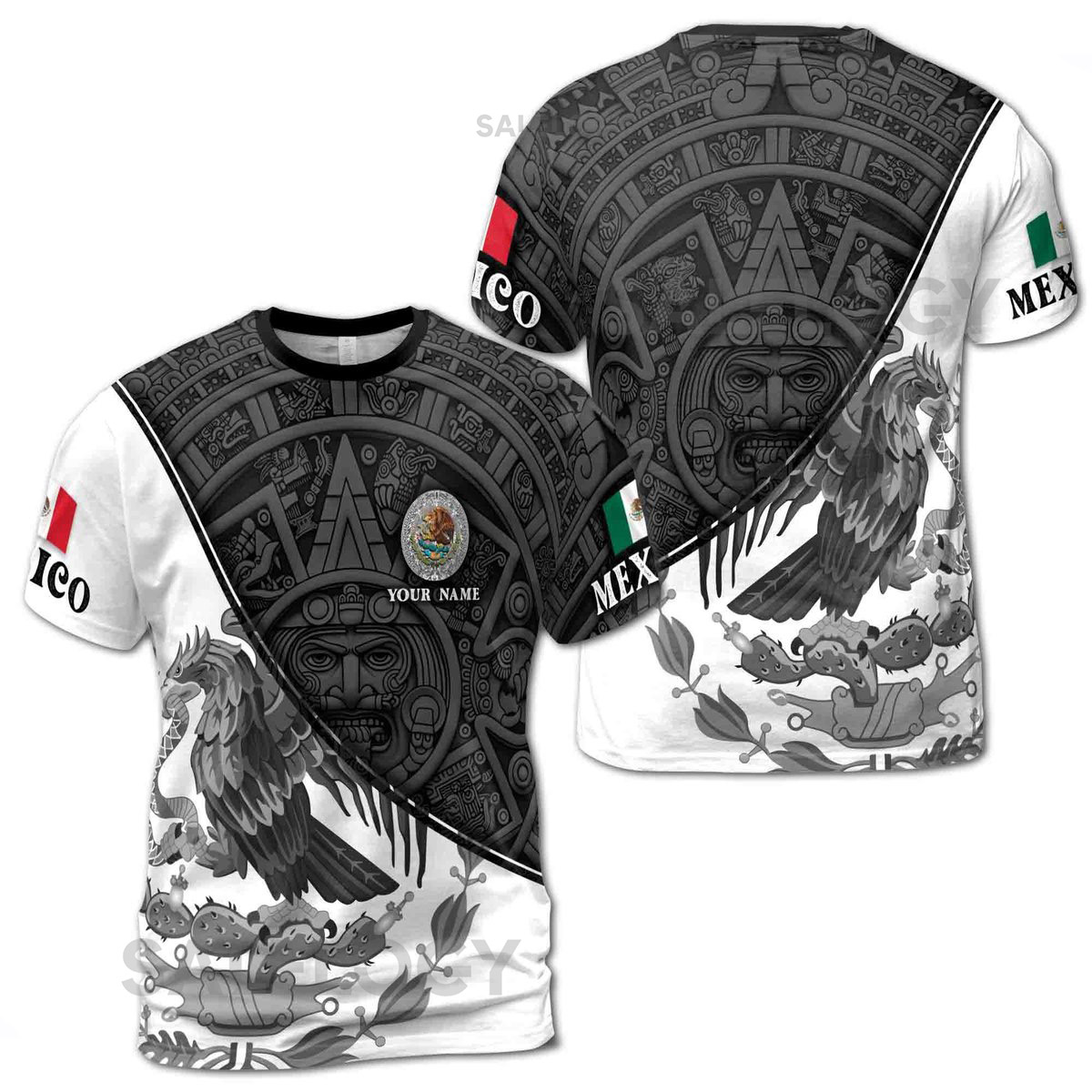 Custom Name Mexico Tribal Aztec Eagle Coat of Arms Men39s T-shirt S-5XL_71