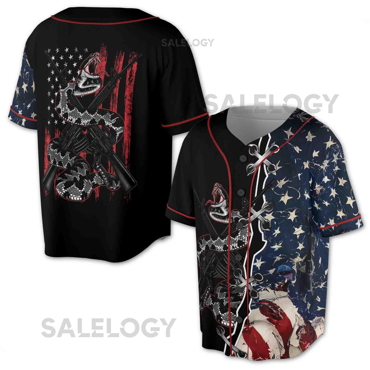 Retro America Flag Patriotic Dark Snake On Gun Baseball Jersey S-5XL_106