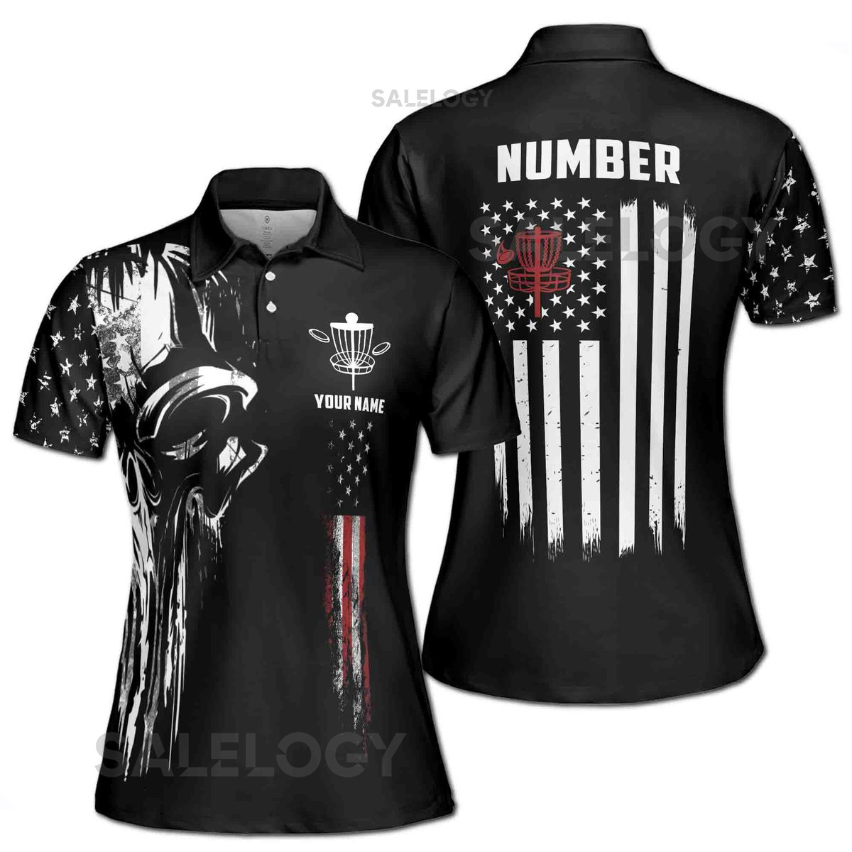 Personalized Dark Skull America Disc Golf USA Flag Women's Polo Shirt S-5XL_539