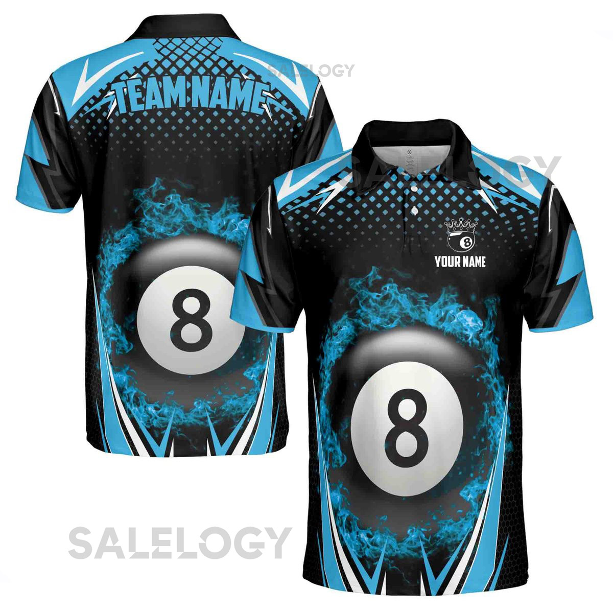 Personalized Blue Billiard Team 8 Balls On Fire Men's Polo Shirt S-5XL_530