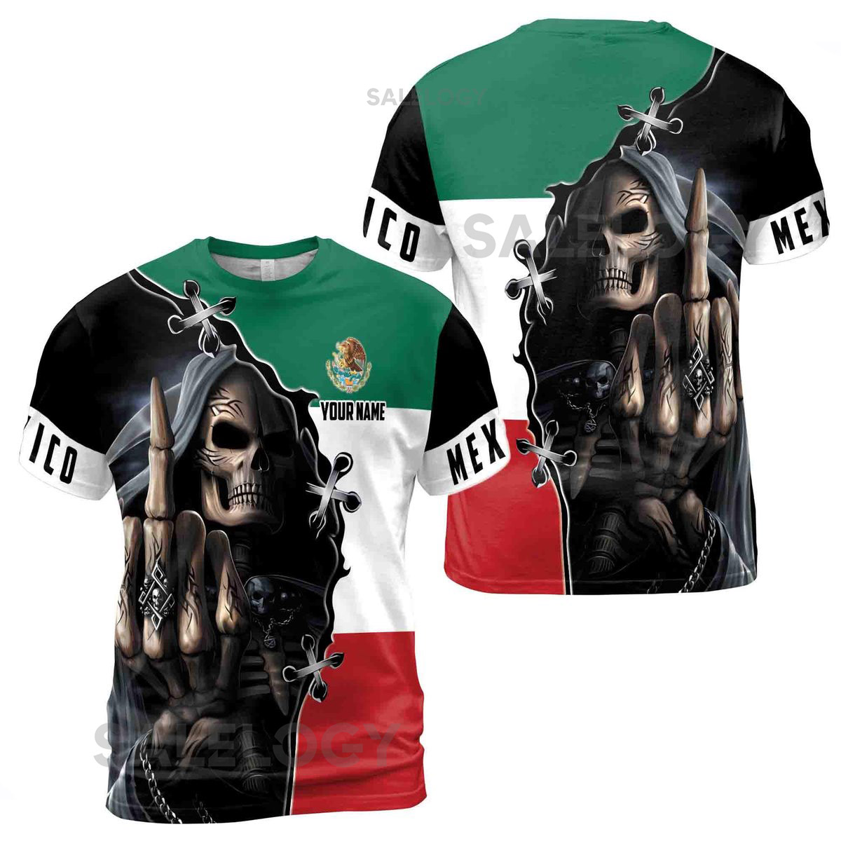 Custom Name Mexico Skull Reaper Mexico Flag Men39s T-shirt S-5XL_69