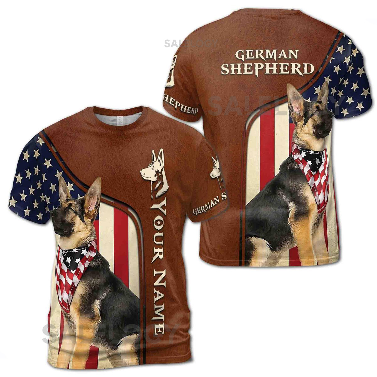 Custom Name German Shepherd With USA Flag Leather Pattern Men39s T-shirt S-5XL_47