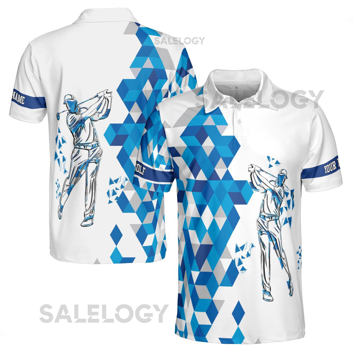 Custom Name Blue Diamond Pattern Golfer Men39s Polo Shirt S-5XL_50