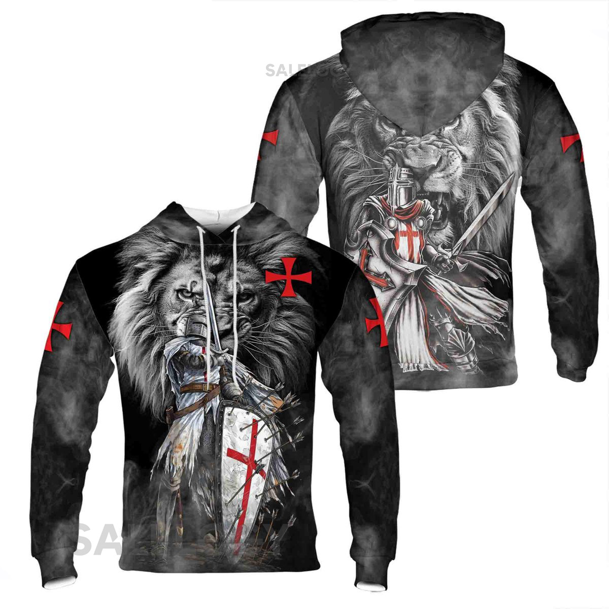 August Lion Behind Knight Templar Grunge Hoodie S-5XL_1
