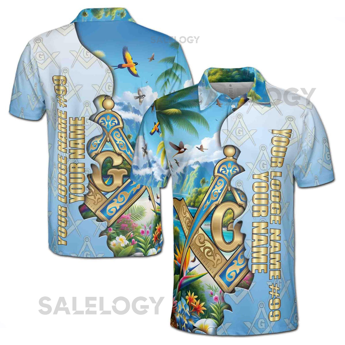 Custom Masonic Freemasonry Blue Tropical Nature Men39s Polo Shirt S-5XL_33