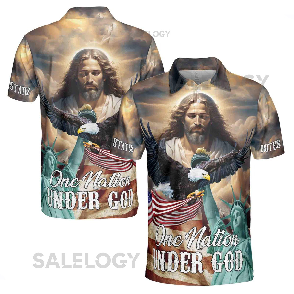 Jesus Aurole One Nation Under God America Statue of Liberty Men's Polo Shirt S-5XL_512
