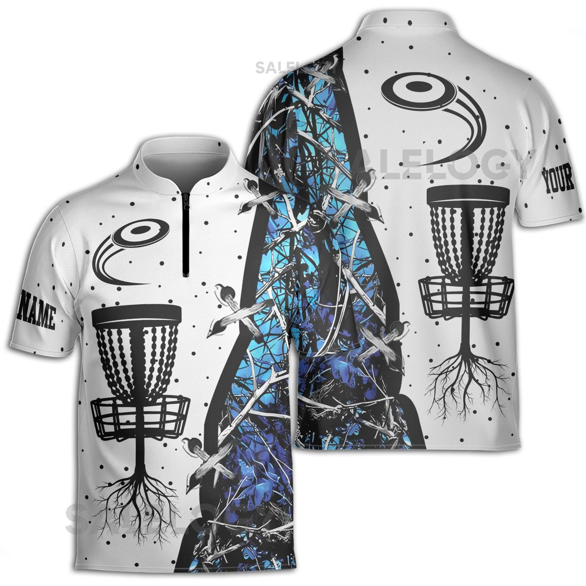 Custom Name Blue Jungle Disc Golf Pattern Zipper Polo Shirt S-5XL_51