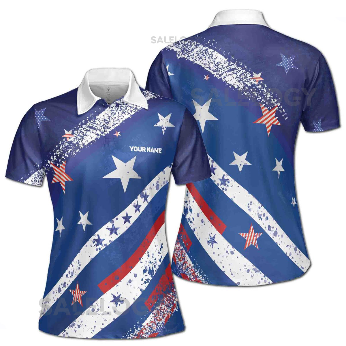 Custom Name Blue Star Patriotic America Women39s Polo Shirt S-5XL_52