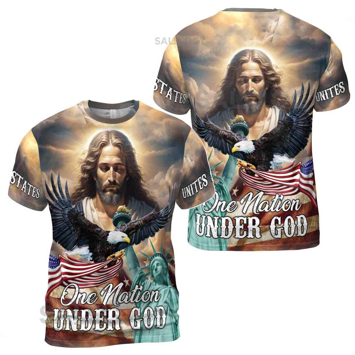 Jesus Aurole One Nation Under God America Statue of Liberty Men39s T-shirt S-5XL_213