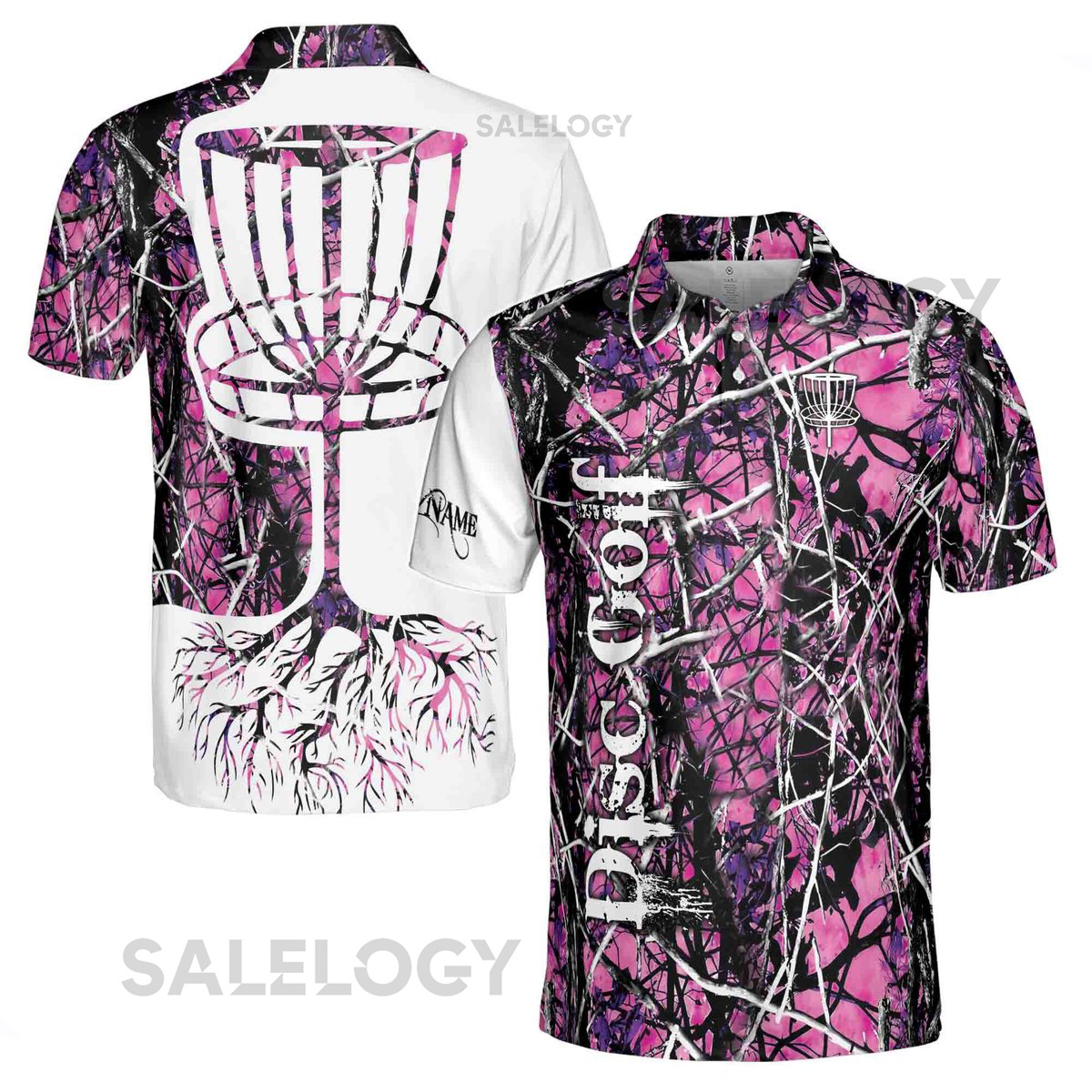 Custom Name Dark Pink Jungle Deep Heart Disc Golf Men39s Polo Shirt S-5XL_69
