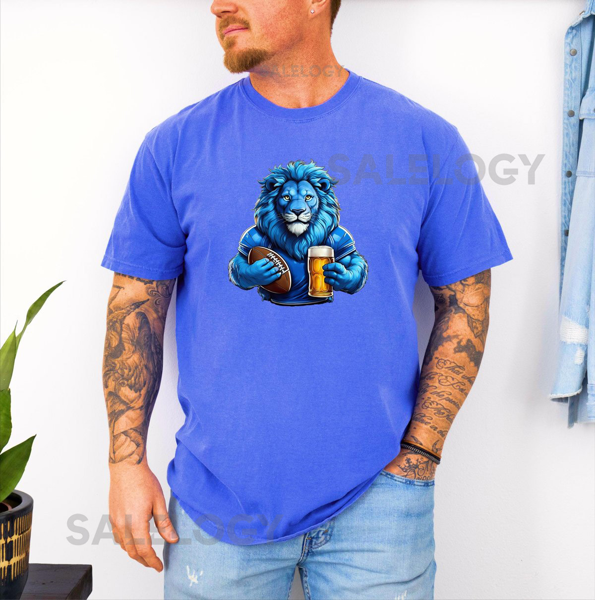 Detroit Lions T-Shirt Lion Holding Beer and Football Game Day Tee_299