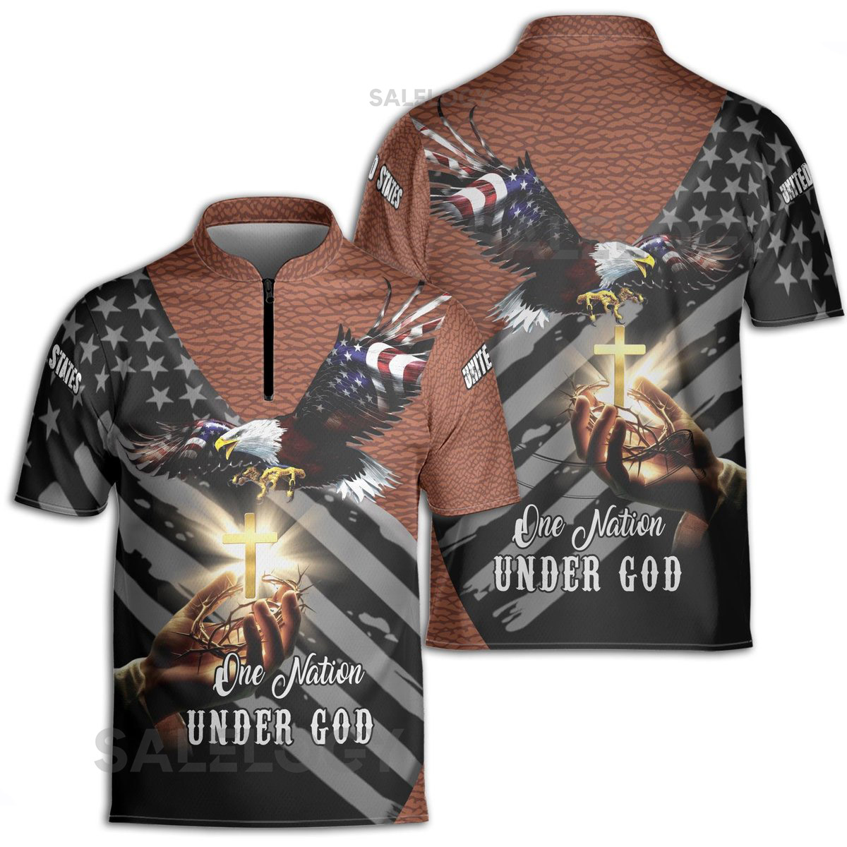 One Nation Under God Eagle American Flag Leather Pattern Zipper Polo S-5XL_524