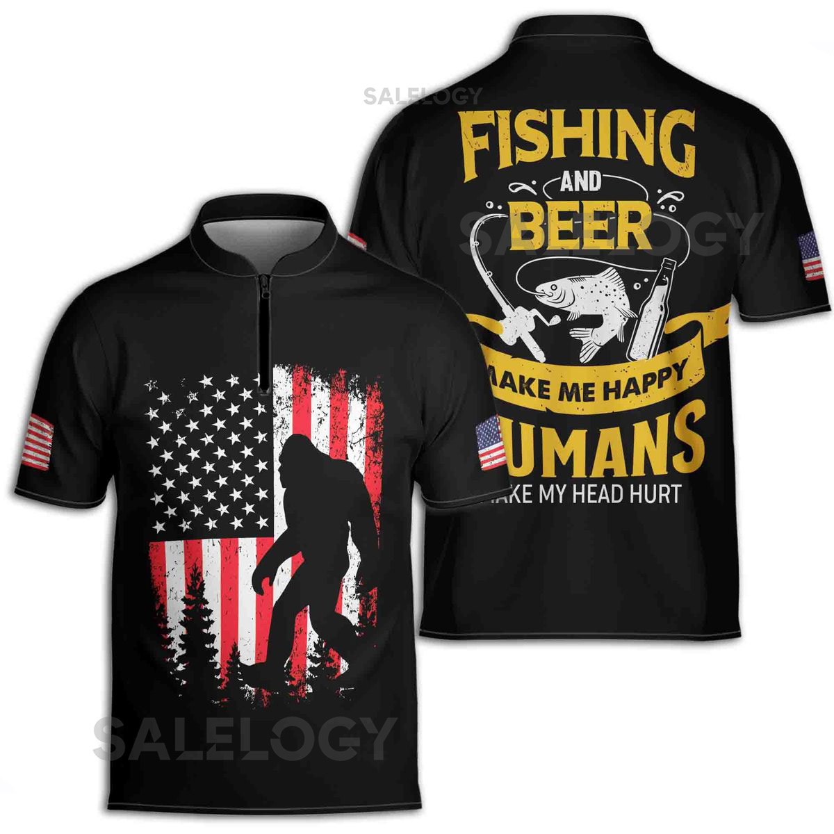 Fishing And Beer Make Me Happy Bigfoot Fishing Zipper Polo Shirt S-5XL_474