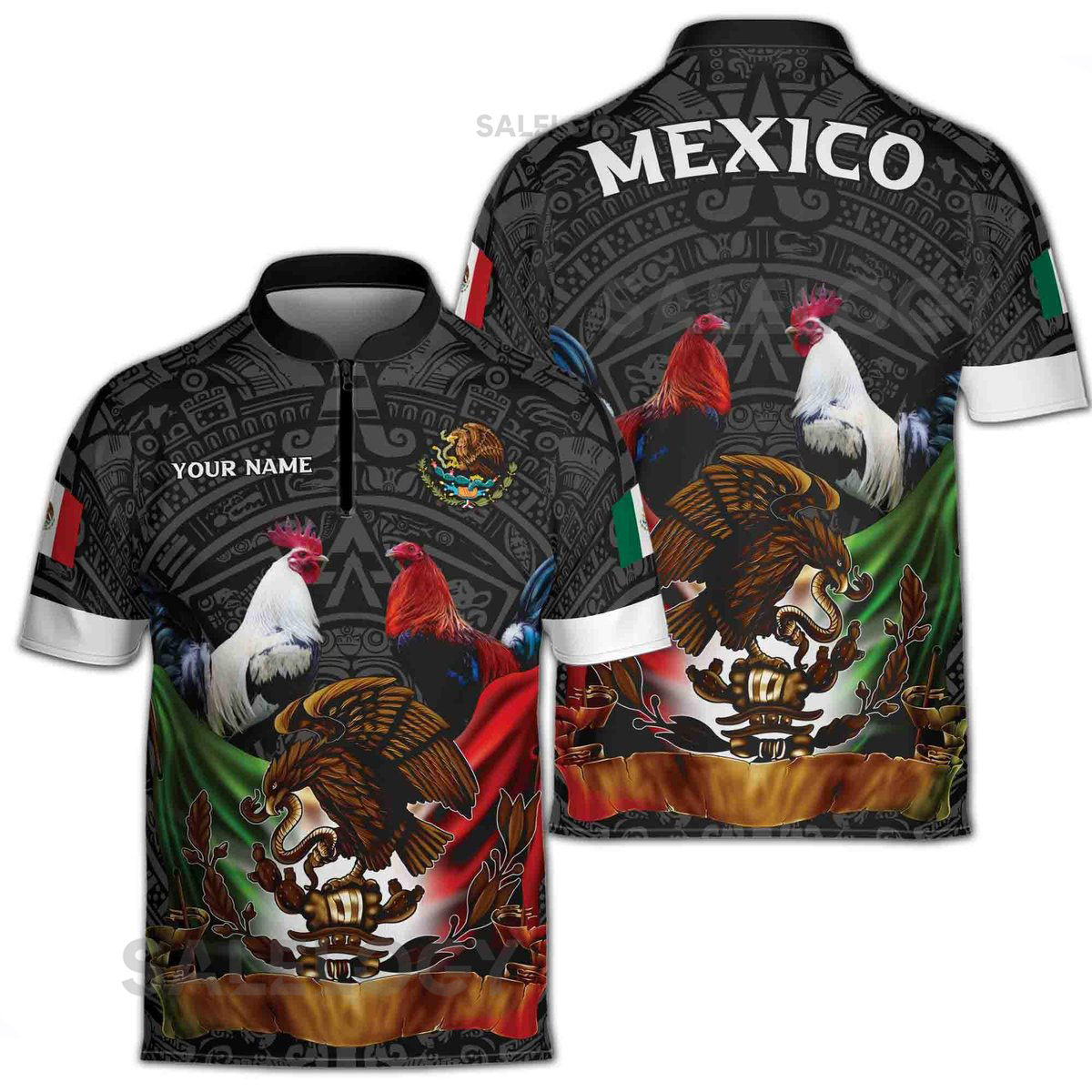 Custom Name Mexico Tattoo Tribal Mexico Coat of Arms Zipper Polo Shirt S-5XL_128