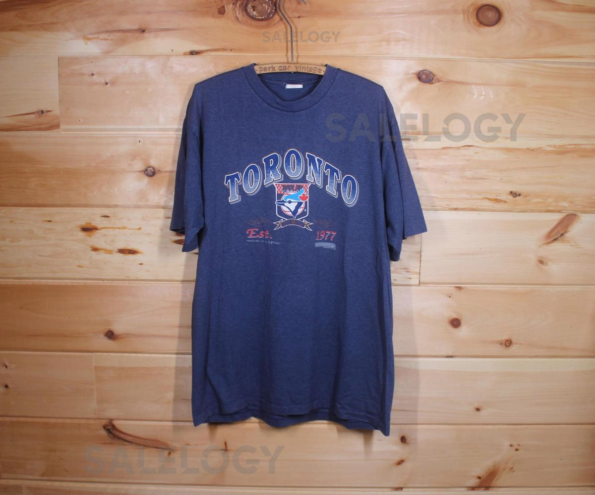 Vintage 1992 Toronto Blue Jays Trench Canada MLB Baseball Blue Single Stitch T-Shirt Adult Size XL_396