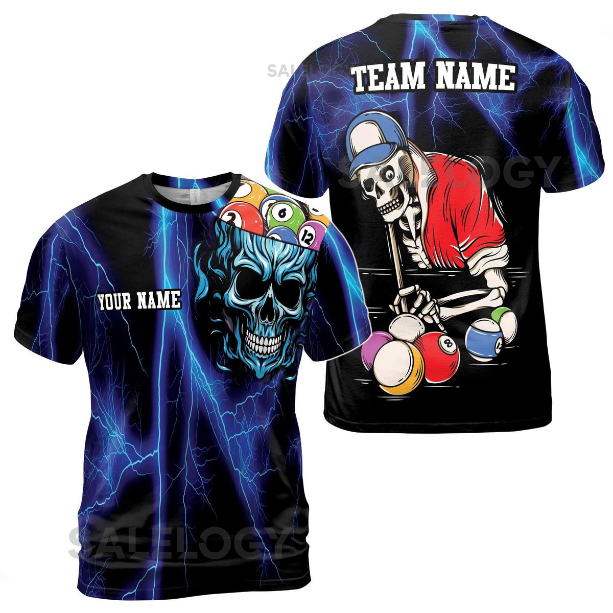 Personalized Blue Lightning Skull Love Billiard Men39s T-shirt S-5XL_227