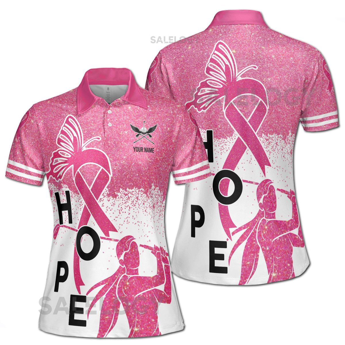 Custom Name Pink Glitter Hope Breast Cancer Month Lady Golfer Women39s Polo Shirt S-5XL_153