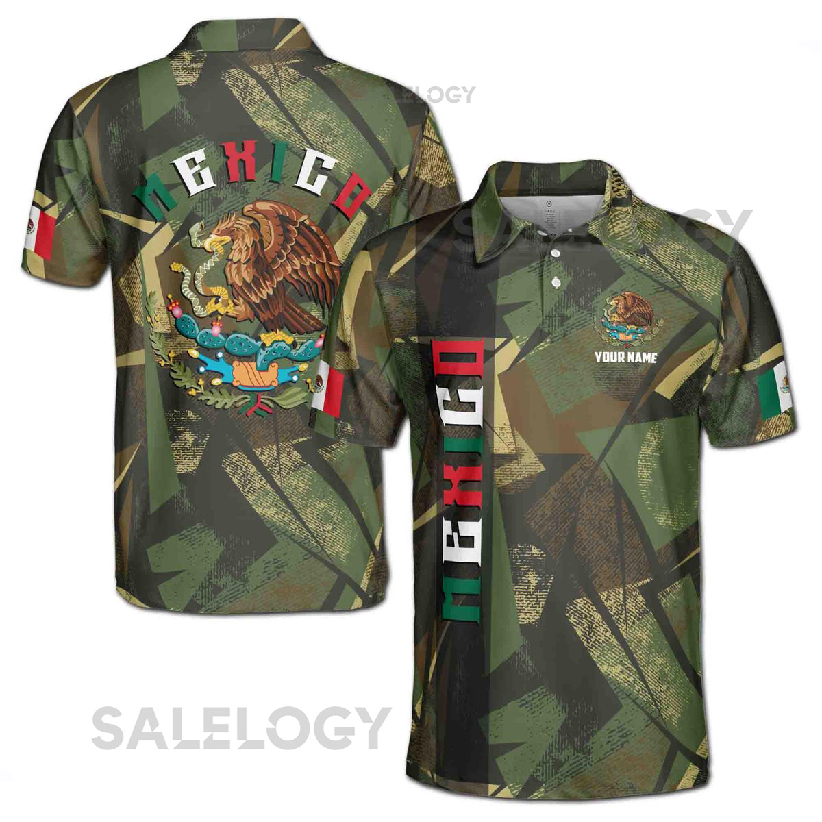 Custom Name Mexico Coat of Arms Camouflage Pattern Men39s Polo Shirt S-5XL_127