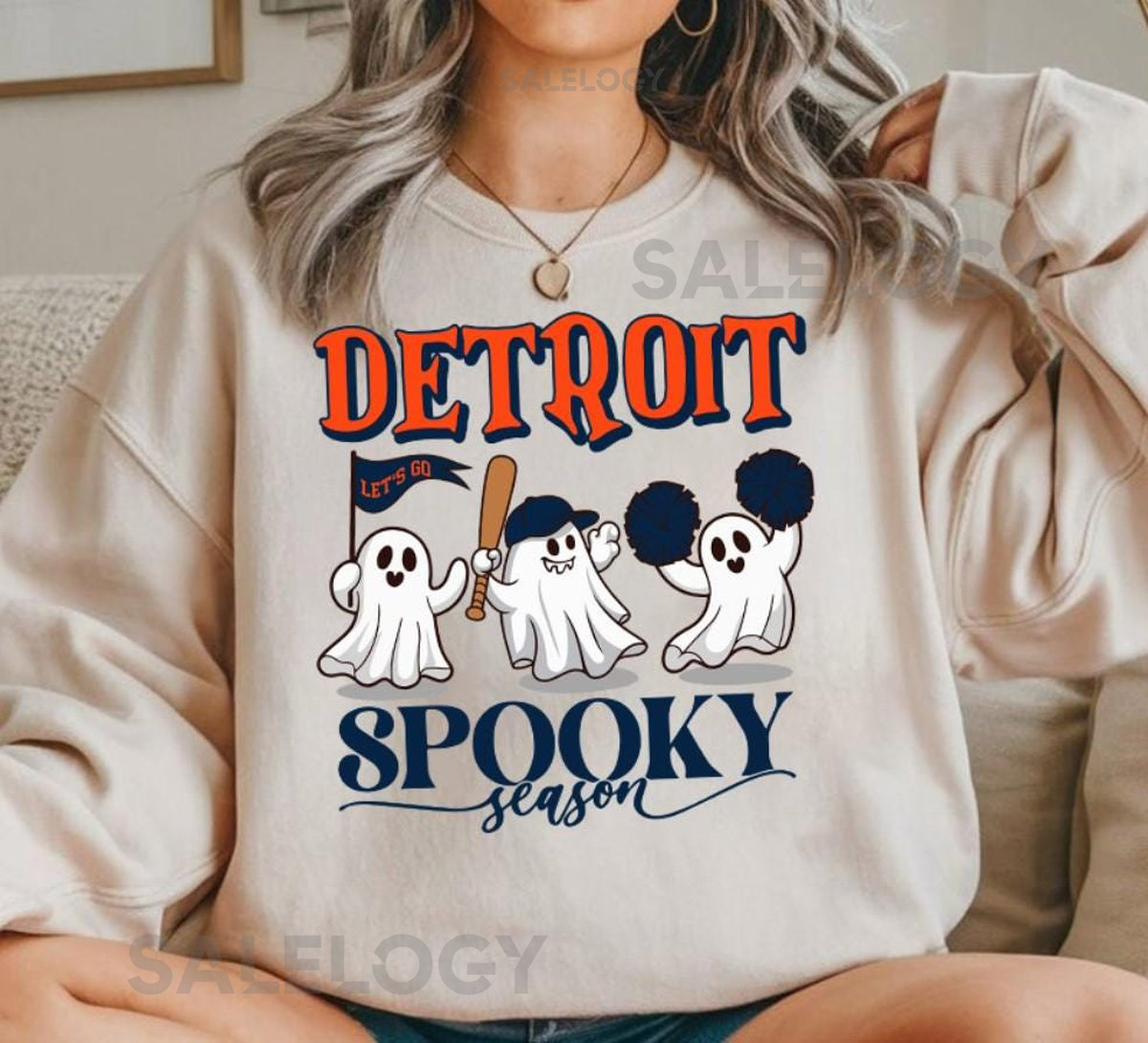 Vintage Detroit Baseball Spooky Season Cute Ghost Sweatshirt Lets Go Detroit Baseball Team 90s Hoodie Baseball Mom Sweatshirt For Her_890
