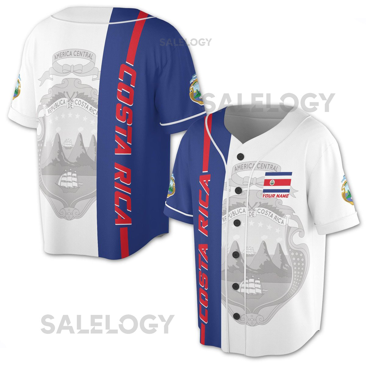Customized Patriotic Costa Rica Coat of Arms Baseball Jersey S-5XL_63