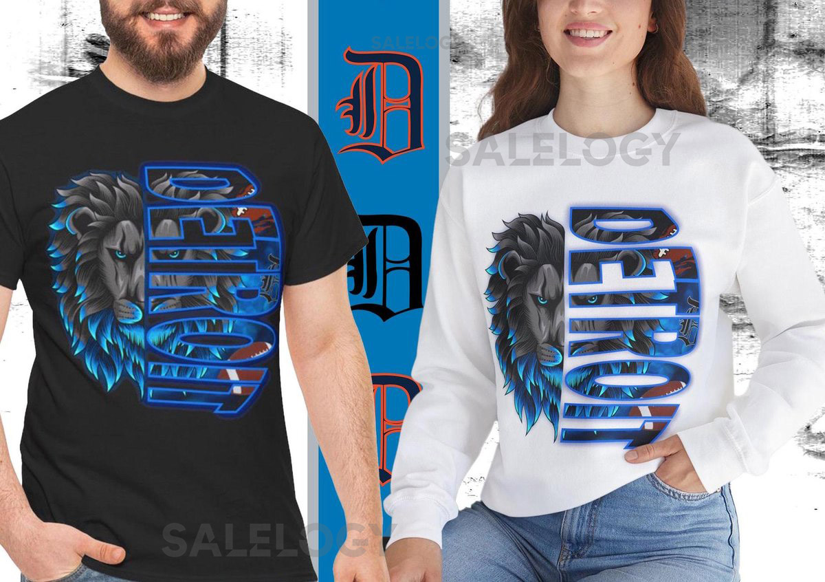Lions T-shirt Sweatshirt Split Image Design Detroit Football Inspired T-Shirt Gift for Sports Fan - Unisex Heavy Cotton Tee_574