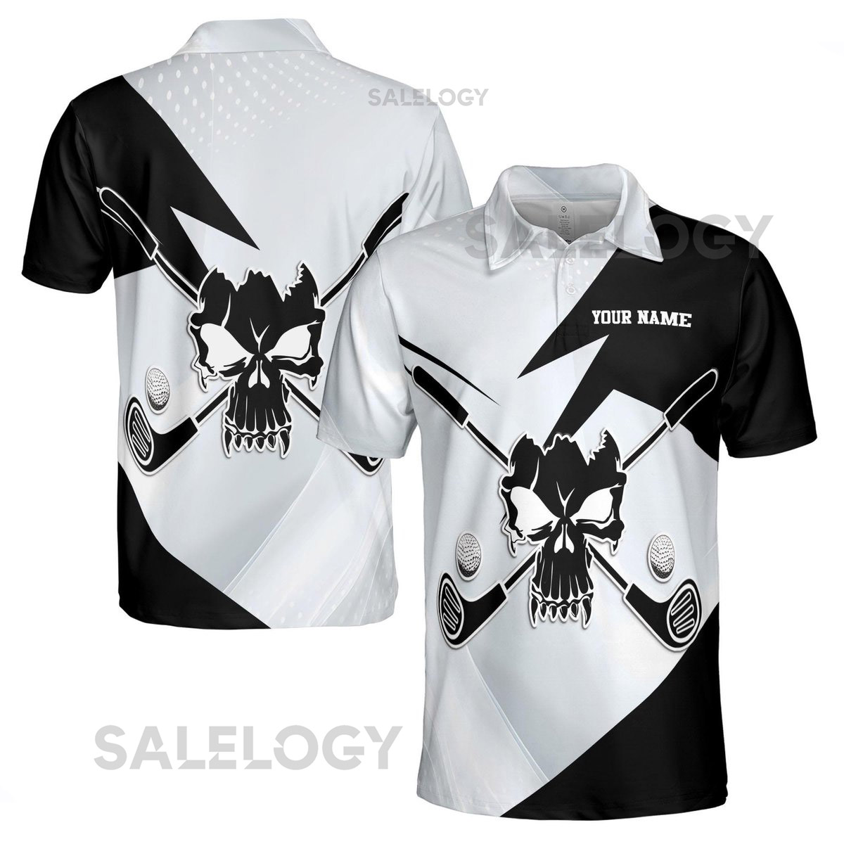 Custom Name Black And White Skull With Golf Men39s Polo Shirt S-5XL_49
