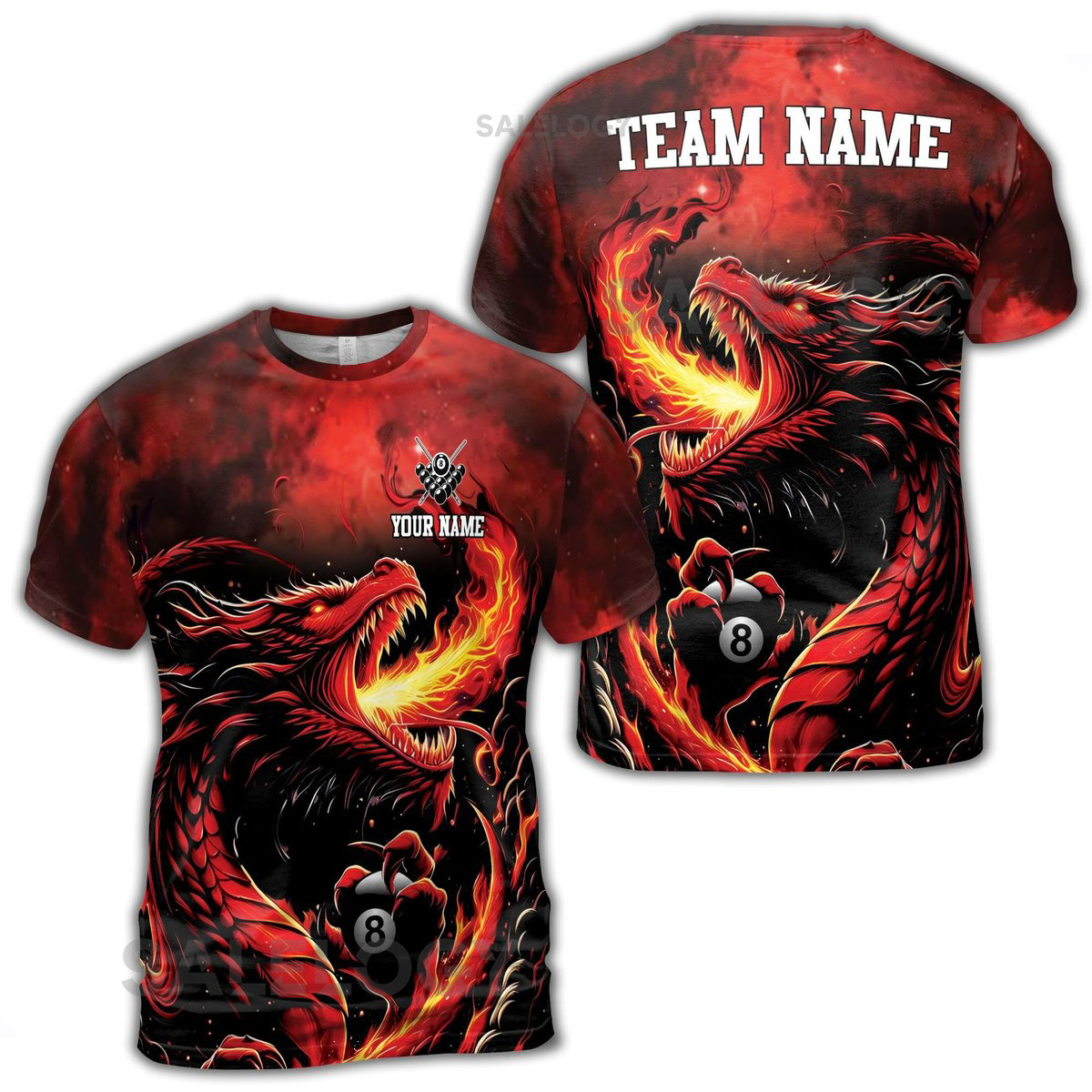 Custom Name Fire Dragon Billiard Passonate Player Men39s T-shirt S-5XL_42