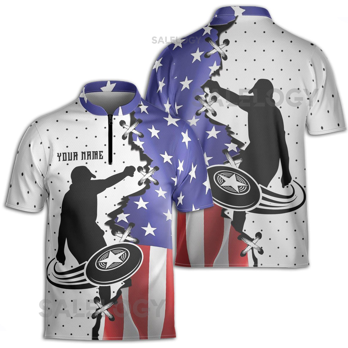 Custom Name Patriotic America Disc Golf Lover Zipper Polo Shirt S-5XL_138